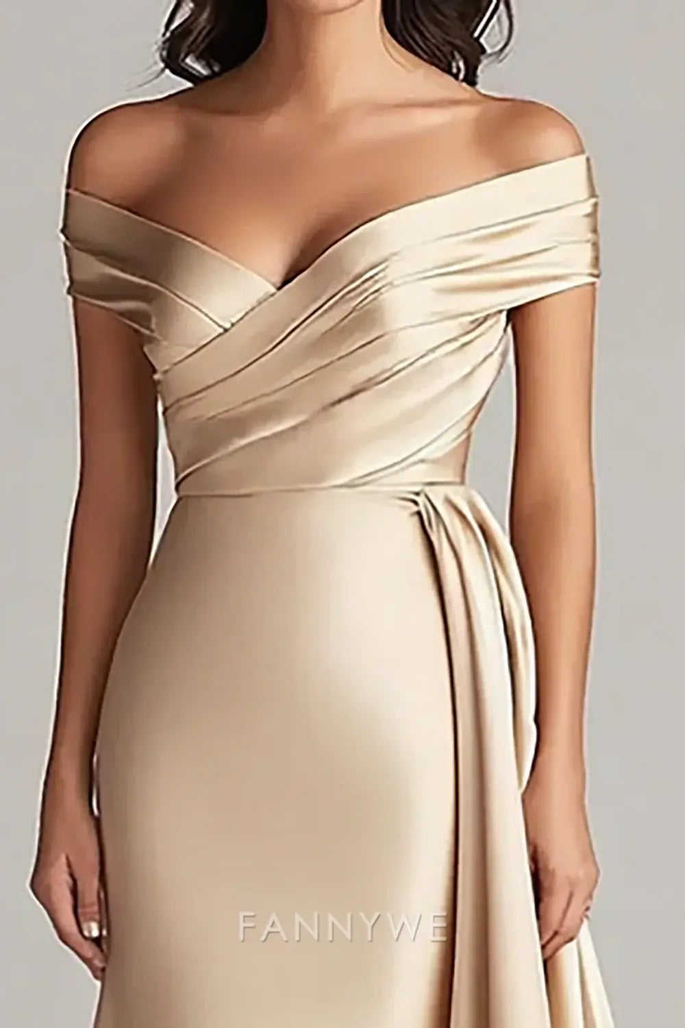 FannyWe Elegant Champagne Satin Off the Shoulder Mermaid Long Formal Dress formal wear dresses